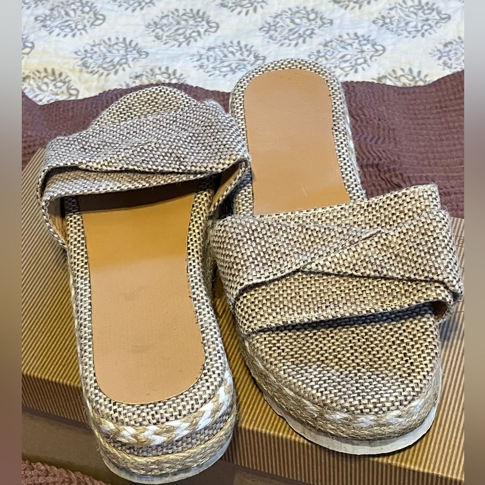 Size 6 beige jute type slip on sandals